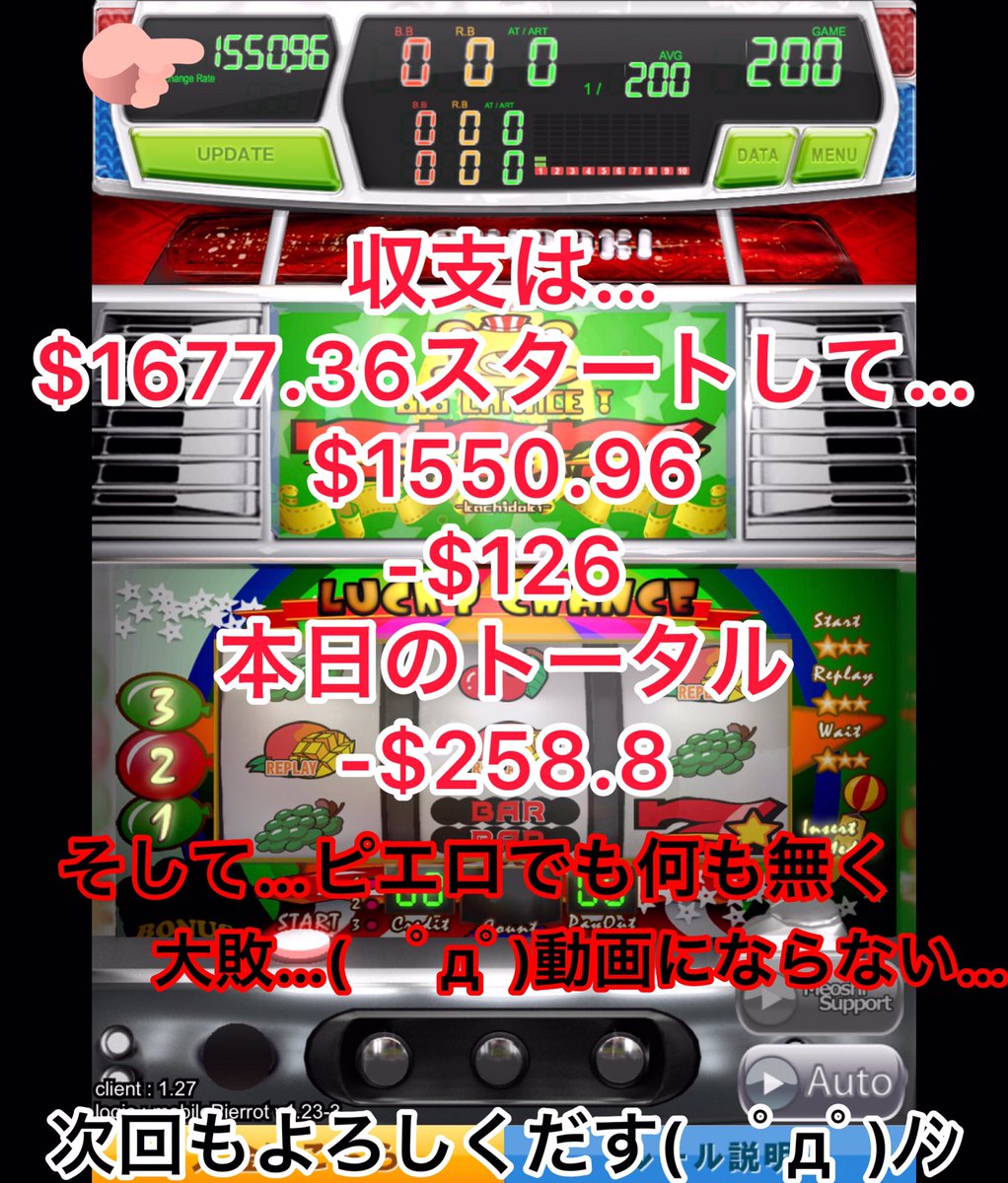washi_ocn's tweet photo. さて本日の$1000チャレンジYouTubeは無しだす…(　ﾟдﾟ)ノ
理由は…
またまた何も出ず…だした…
大祭り220回転ハマり…-$132.4負け
ピエロも200回転ハマり…-$126.4負け

トータル$258.8負け

おわた…明日から頑張る(　ﾟдﾟ)9 https://t.co/LqsYnMe1q8