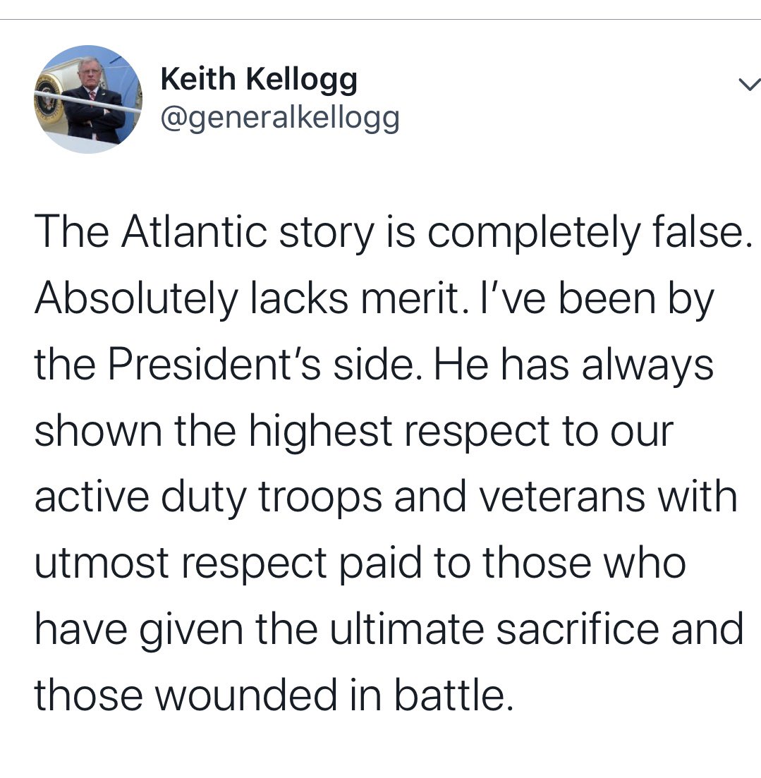 JenniferJJacobs's tweet photo. Trump aides defend Trump on Atlantic story. Sarah Huckabee Sanders was with him ahead of the visit to the French cemetery in 2018; aide Zach Fuentes came in to say a bad weather call prevented the helicopter trip, I’m told. It was nearly 3 hours by car. Kellogg wasn’t in room. https://t.co/89DCLA4oH6