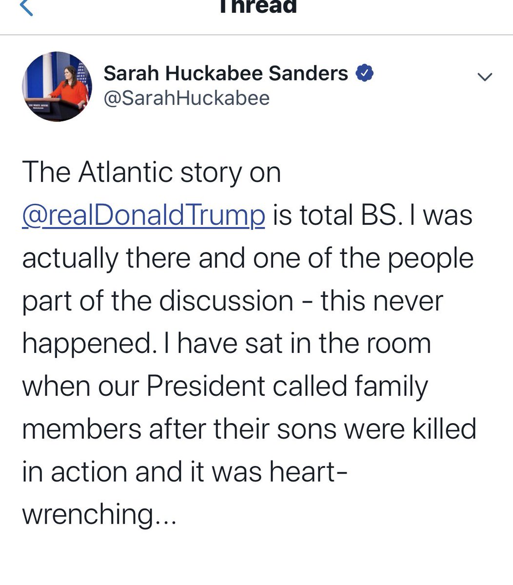 JenniferJJacobs's tweet photo. Trump aides defend Trump on Atlantic story. Sarah Huckabee Sanders was with him ahead of the visit to the French cemetery in 2018; aide Zach Fuentes came in to say a bad weather call prevented the helicopter trip, I’m told. It was nearly 3 hours by car. Kellogg wasn’t in room. https://t.co/89DCLA4oH6