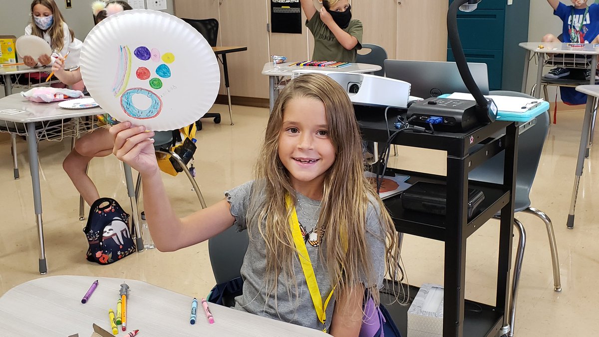 Copeland10's tweet photo. We had a wonderful first day back! After reading, "The Dot," the students created their own dots. This year we are focusing on having a Growth vs. Fixed Mindset! ⭐⭐
#STEAMatStribling
#4thgradestars https://t.co/WFPe2g4VPh