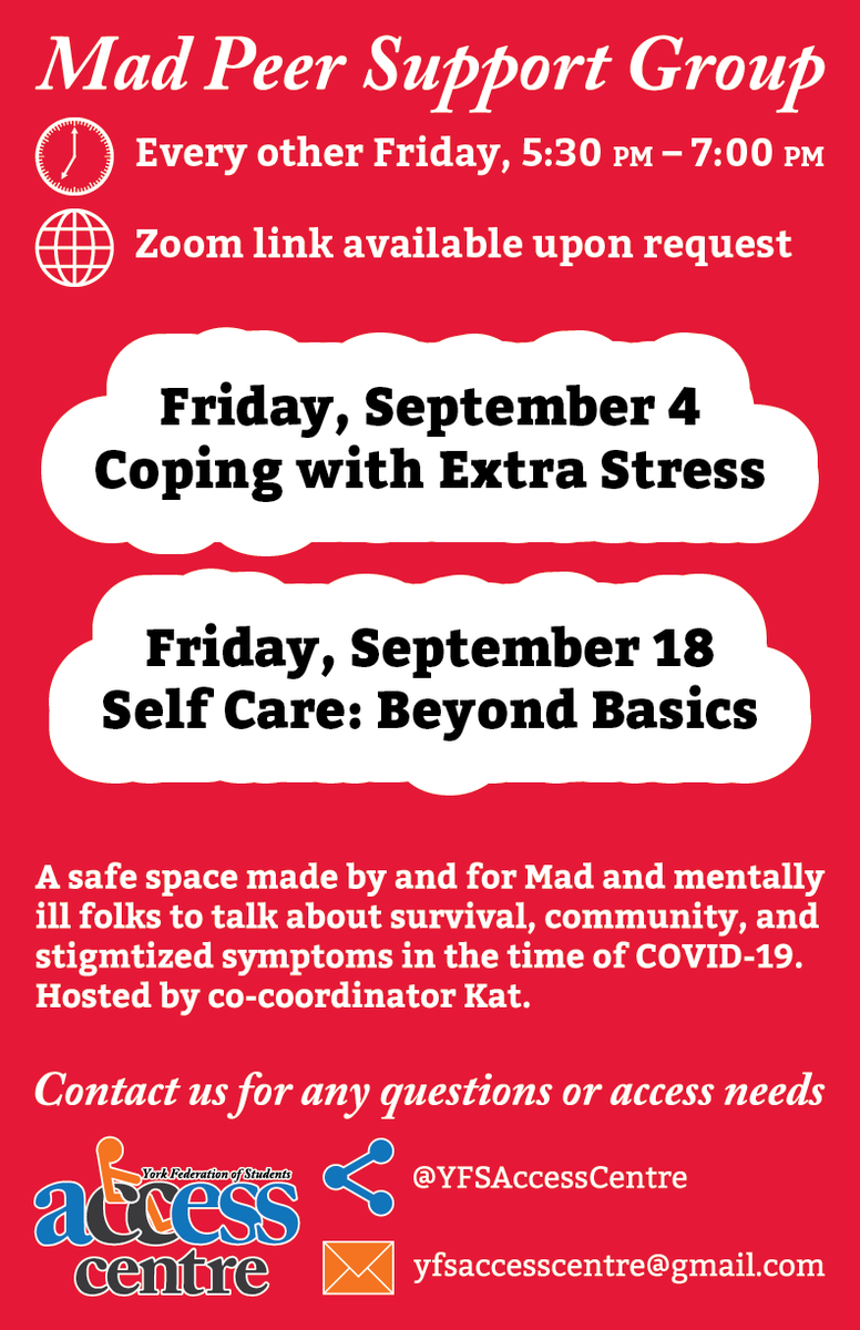 Mad Peer Support Group! Tomorrow, September 4 from 5:30 to 7:00 via Zoom! Send us a message to join.Details in the thread; poster plain-text in the alt text.