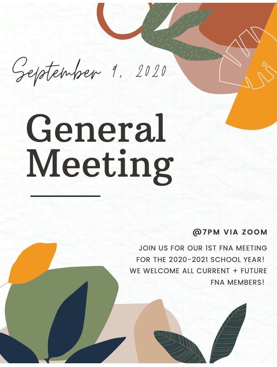 MSU_FNA's tweet photo. Save the date! We are super excited to host our first FNA general meeting of 2020-2021! This meeting will be held over zoom on Sept 9, 2020 @7pm. Super exciting! https://t.co/0wxKIxHvdO
