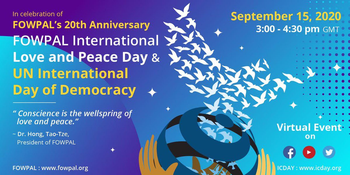 icday2020's tweet photo. We cordially invite you to submit a video or text message to icday@fowpal.org by Sept. 13, 2020, 10 pm GMT to address the topics of love, peace, and democracy!

#InternationalLoveAndPeaceDay #InternationalDayofFriendshipfDemocracy https://t.co/LEcJ3sH1Rw