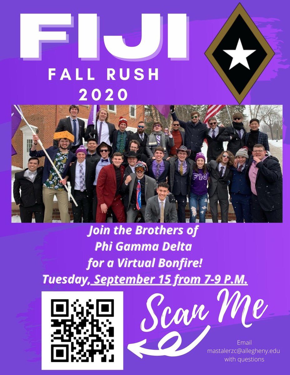 Save the date! If you are interested in meeting some Brothers and learning more about our brotherhood, be sure to attend. If you have any questions, ask any Brother or use the email attached in the flyer. We hope to see many new faces! 🦉💜 #ProudToBe #FIJI