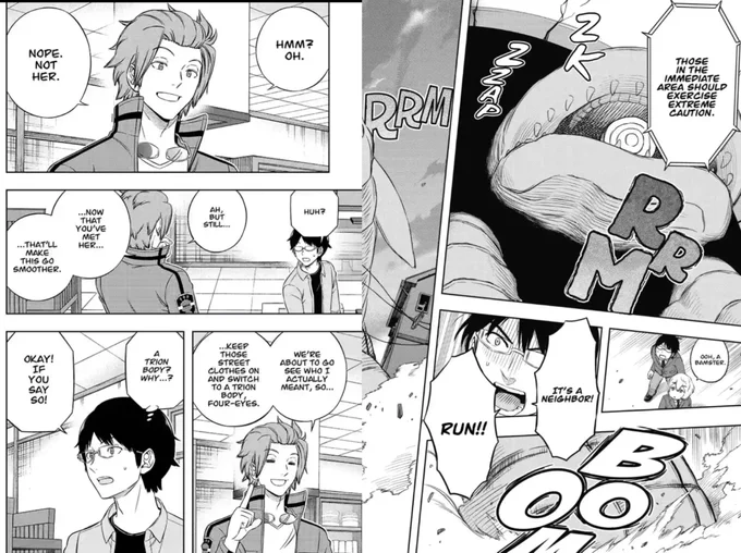 World Trigger 

- plot keeps you invested 
- simplistic, very clean art even during the action scenes  
- VERY wide range of characters who make you feel an equally wide range of emotions
- it just has this overall uniqueness and charm i can't fully explain?? 