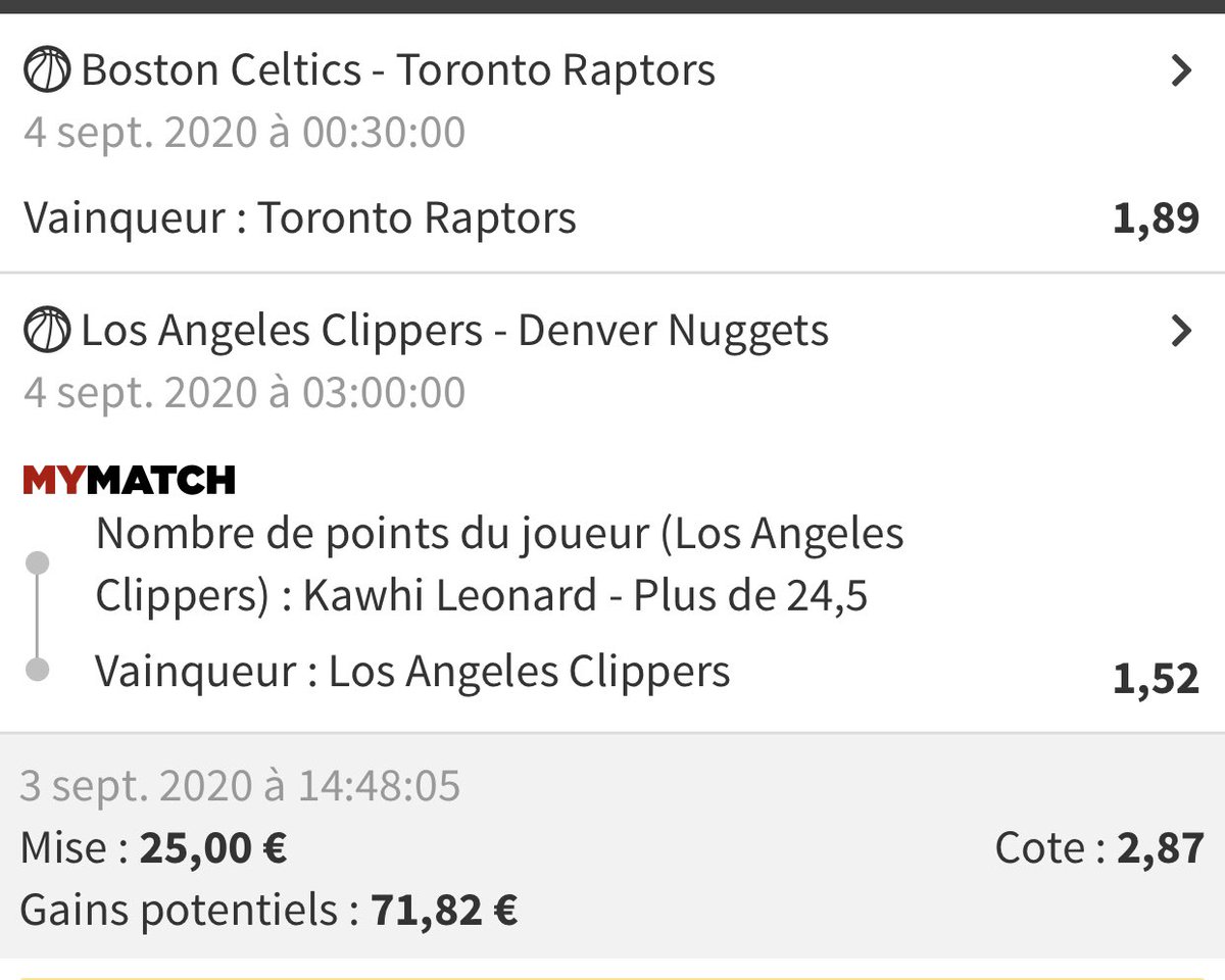 AdrienLeverrier's tweet photo. 🔥🏀 NBA 🏀🔥
📢 Et ça paaaasse, avec des raptors au buzzer à 3 pts 😱 dans un matchs plus haletant que celui des Clippers vs des Nuggets cramés..
Merci à @BetEureka 💯 de m'avoir glissé ce prono pour quasi tripler 💥
#NBAPlayoffs #NBA #TeamParieur #TeamParieurs #BOSTOR #LACDEN https://t.co/a0LExlRpvU
