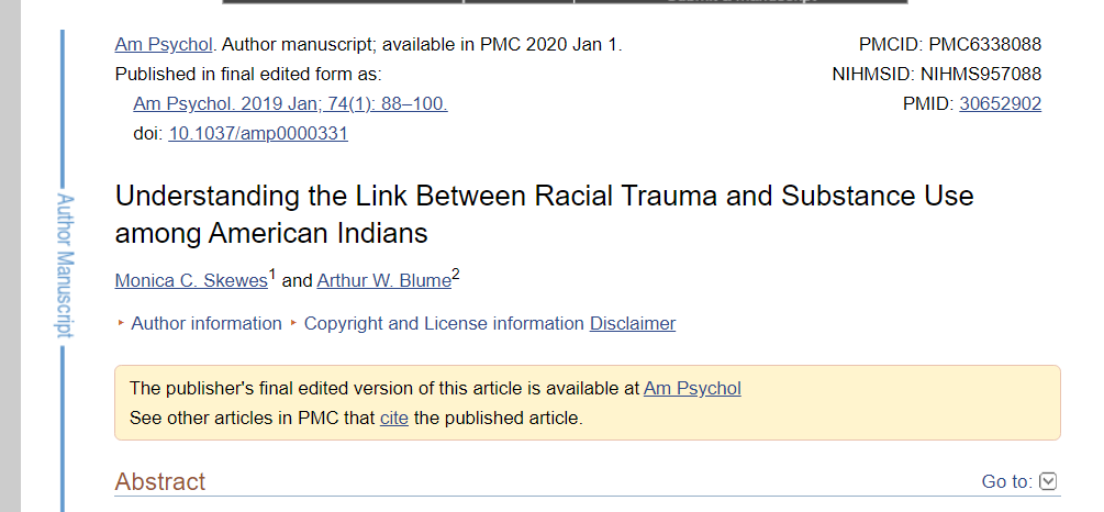 This paper is not behind a paywall and you can read the entire thing: The gist for you lazy folks out there? Racial trauma increases substance abuse.Guess what racial trauma includes?  https://www.ncbi.nlm.nih.gov/pmc/articles/PMC6338088/