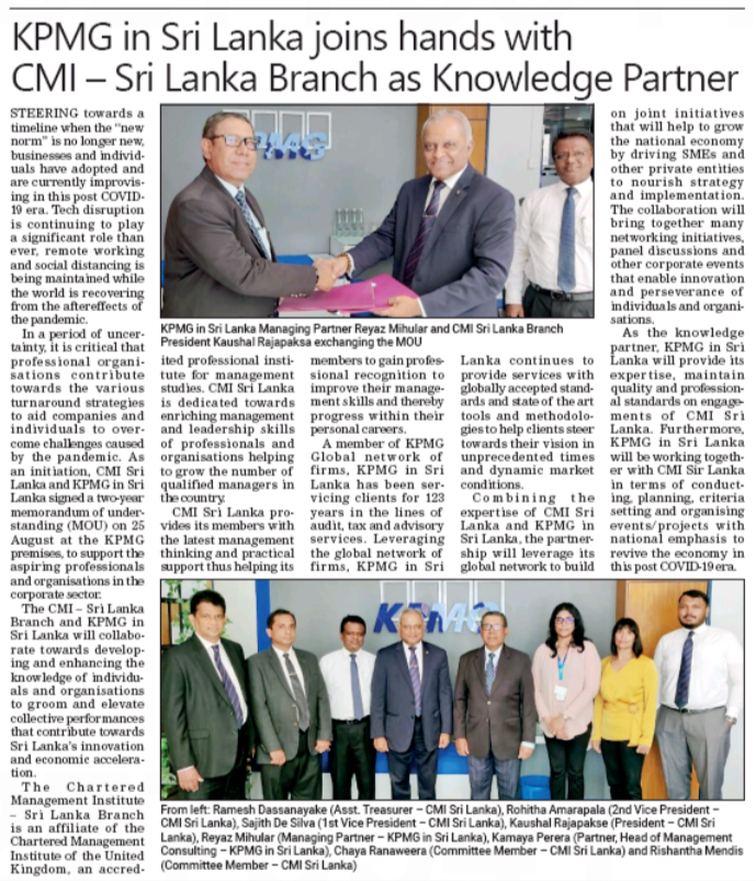 CMI_SL's tweet photo. CMI, Sri Lanka Branch, and KPMG Sri Lanka embarked on a new era of closer collaboration with the inking of a Memorandum of Understanding(MoU) between Indhra Kaushal Rajapaksa, President - CMI (UK) Sri Lanka and Reyaz Mihular, Managing Partner – KPMG Sri Lanka on August 25, 2020. https://t.co/LnG05Rg5OJ
