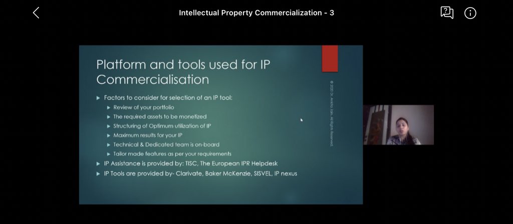 CIPAM_India's tweet photo. The participants were also informed about the various platforms & helpdesks providing assistance on #IP commercialisation such as TISCs. #LetstalkIP #IPGoesVirtual (3/3) https://t.co/cPdBa4zcxc