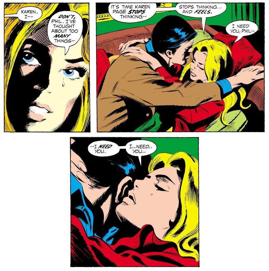 Natasha saves Matt's life, and here begins a relationship that would make them one of the sexiest couples of the Marvel Universe.Karen also tries to build a new relationship with her agent, Phil.DD Vol 1 #811971by Gerry Conway (W), Gene Colan (P), Jack Abel (I) Jon Costa (L)