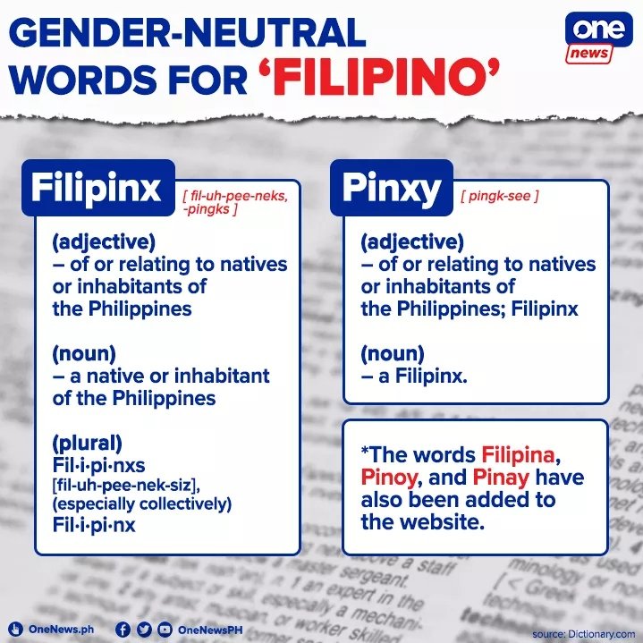 onenewsph's tweet photo. Is the Filipino language as gender-neutral as we think it is? 

Online resource platform https://t.co/EU2NEPO755 recently added “Filipinx” and “Pinxy” to its database. 

READ MORE: https://t.co/ZmLFJO9TKx https://t.co/M5dIQ07bs5