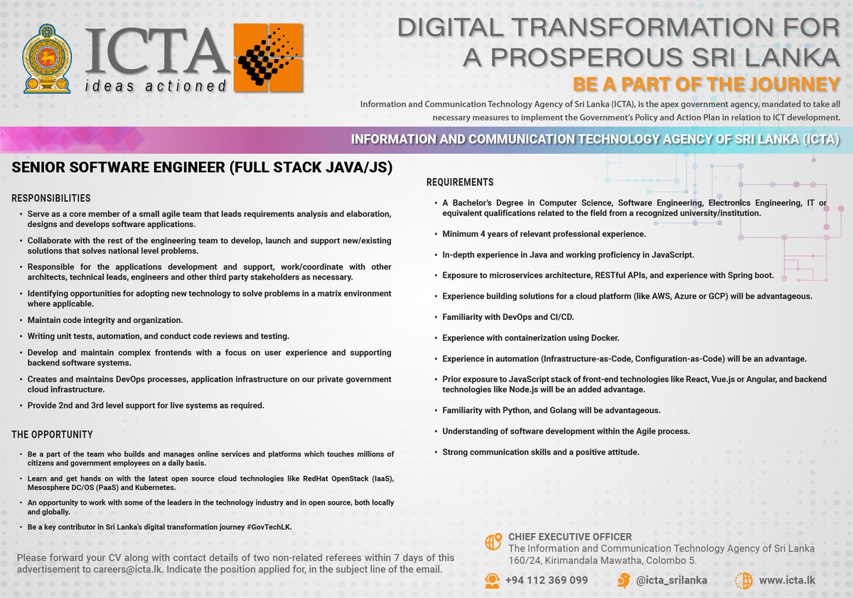 icta_srilanka's tweet photo. ICTA is hiring! We are looking for skilled Fullstack Senior Software Engineers (Java/JS) to build solutions for the Government.
Write to: careers@icta.lk #GovTechLK https://t.co/889H5wbpK3