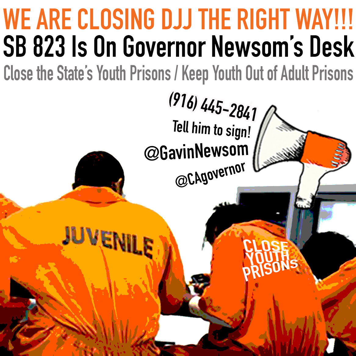 Make sure @CAgovernor @GavinNewsom closes youth prisons/the DJJ the RIGHT WAY!

CALL THE GOVERNOR AT: (916) 445-2841 & ask him to sign #SB823. #YouthJustice #CloseDJJtheRightWay