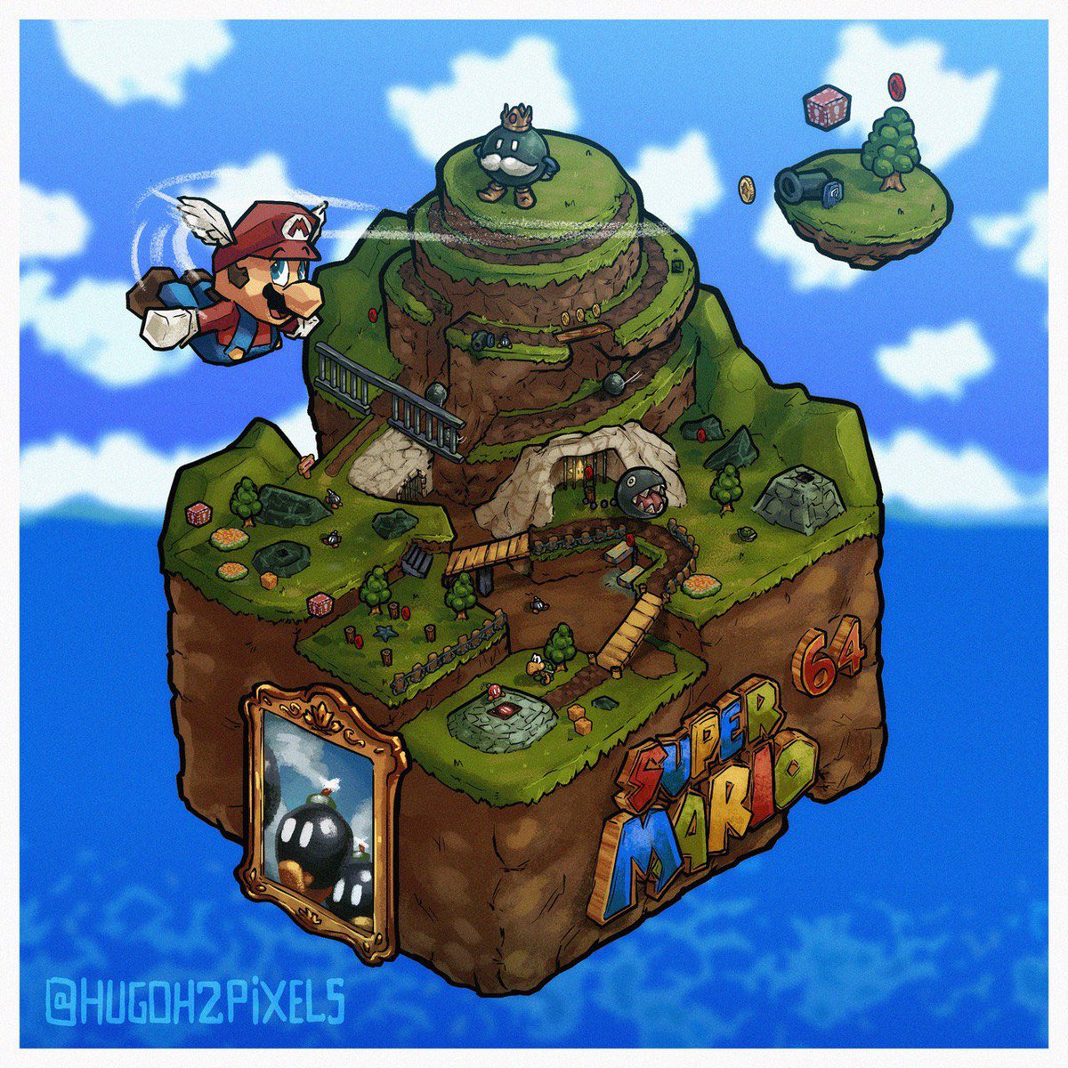itshugosnook's tweet photo. Drawing literally nonstop since 5 to get this done today still but it had to be done! A ground-up remaster would’ve been nice but I’m excited to replay #SuperMario64 on #SuperMario3DAllStars soon!
#SuperMario35 
#SuperMario 
#nintendofanart 
#isometricnostalgia
#isometricart https://t.co/vHstLJu6iG