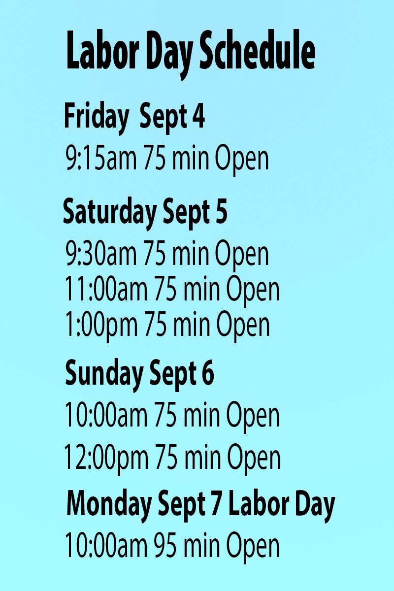 Labor DaySchedule Jivamukti Yoga Jersey City. 

Fri 
9:15am open 
Sat 
9:30am Spiritual War 
11:00am Open 
1:00pm Open 
Sun 
10am Open 
12pm Open 
Mon 
10am Open 

All classes will be in studio and or you can book a virtual class on our virtual site JivamuktiYogaLive.