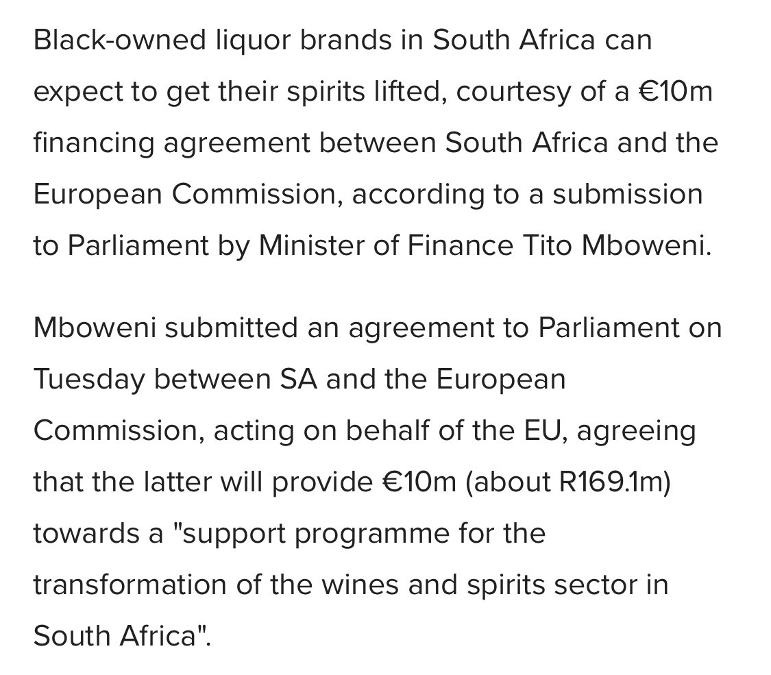 LuvuyoJongile's tweet photo. Minister @tito_mboweni what happened to this initiative by EU: 

“Black-owned liquor brands in South Africa can expect to get their spirits lifted, courtesy of a €10m financing agreement between South Africa and the European Commission” https://t.co/SnPf05I9s6