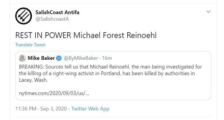 Antifa accounts in their secret group chatrooms are calling the killing of antifa shooter Michael Reinoehl a police "execution."Related: Reinoehl said he was in the U.S. Army, but there is no record of that, reports the NYT.