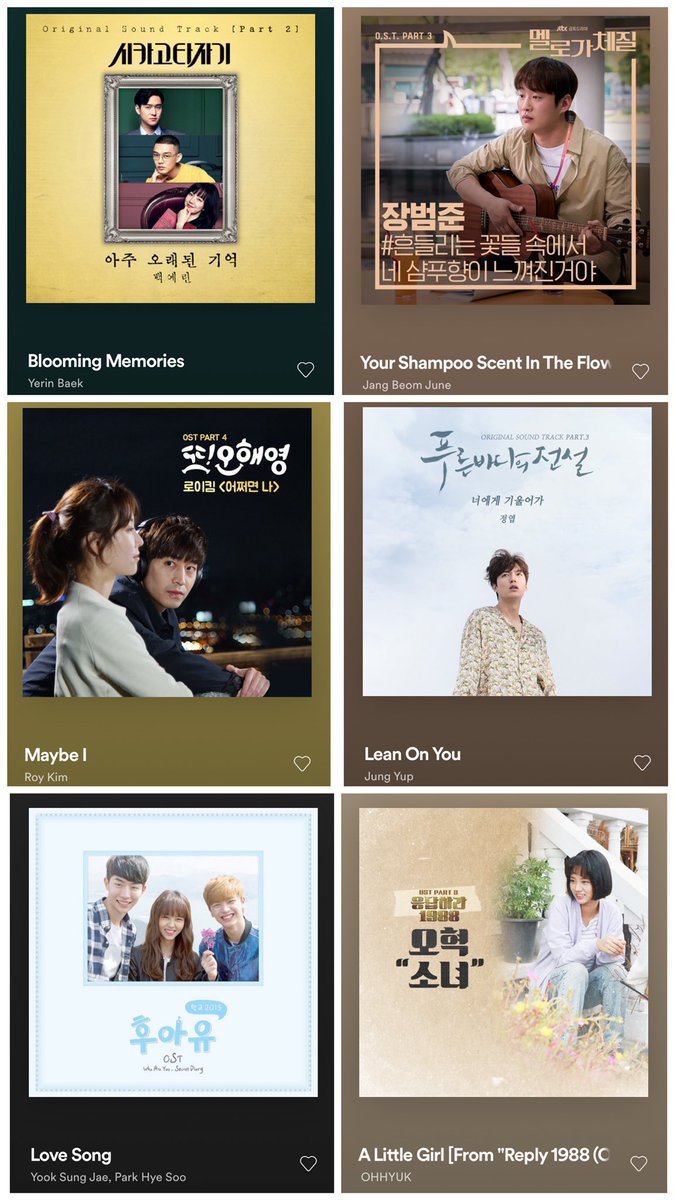 [4/30] favorite k-drama ost actually i’ve made a thread about k-dramas with best ost album:  https://twitter.com/macar0ns/status/1258042147908943873?s=21and here’s all-time fav osts of mine: