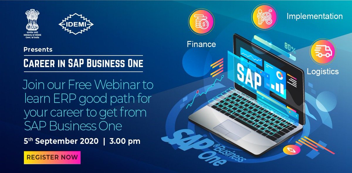 idemitc's tweet photo. Free Webinar on Career in SAP Business One on 5th September 2020 at 3.00 pm.

Link for Webinar - https://t.co/15SgC44oRD Get more information - 
https://t.co/jhsX34wcZt

#IDEMI @minmsme @anil_marali @SAPBusinessOne @SAPIndia #BharatERP #GrowwithSAP #SAP #SkillIndia @sapidemi https://t.co/Q7J5LOKCJ5
