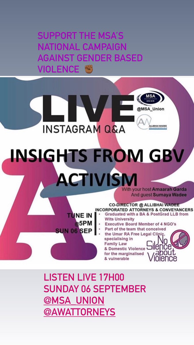 AttorneysAw's tweet photo. Join @MSA_Union & @amaarahg on Sunday @ 17:00 on an Instagram live session at 6pm with our co Director Sumaya Wadee who sits on the boards of @helplinelenz & @cci_network as part of her contributions against GBV
#NoSilenceAboutViolence #GBV #GBVmustfall https://t.co/E7GdZac7n0