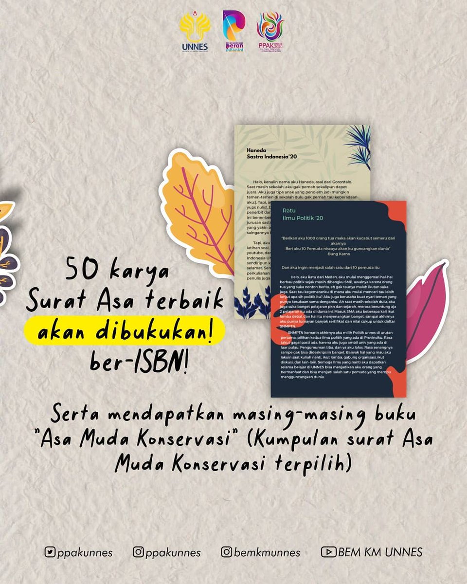 ppakunnes's tweet photo. [PPAK UNNES CHALLENGE COMPETITION]
SPESIAL PPAK UNNES 2020
Hello Abhinaya Muda Konservasi!
.
.
H-2 Nih sebelum pelaksanaan PPAK Universitas!
Gimana kabar penugasan-penugasannya? Pastinya udah dong yaaa! https://t.co/NH0WkrgLgu