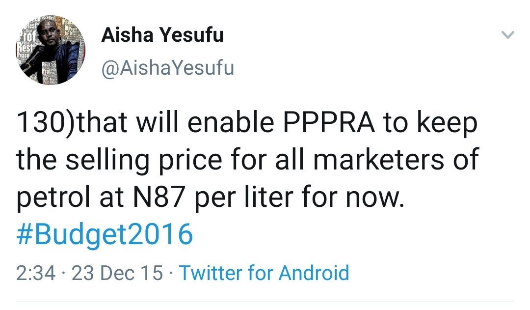 Imagine removing subsidy and still having an agency whose primary objective is to determine price of petrol #BuhariDeceit https://twitter.com/AishaYesufu/status/686641371445342209?s=19