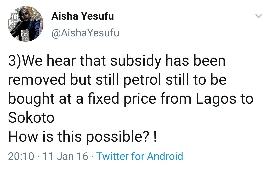 For some no matter how much Nigeria loses they will want subsidy to be paid because they must maintain petrol being bought the same price both in Lagos and Maiduguri or Sokoto! #BuhariDeceit https://twitter.com/AishaYesufu/status/686641371445342209?s=19