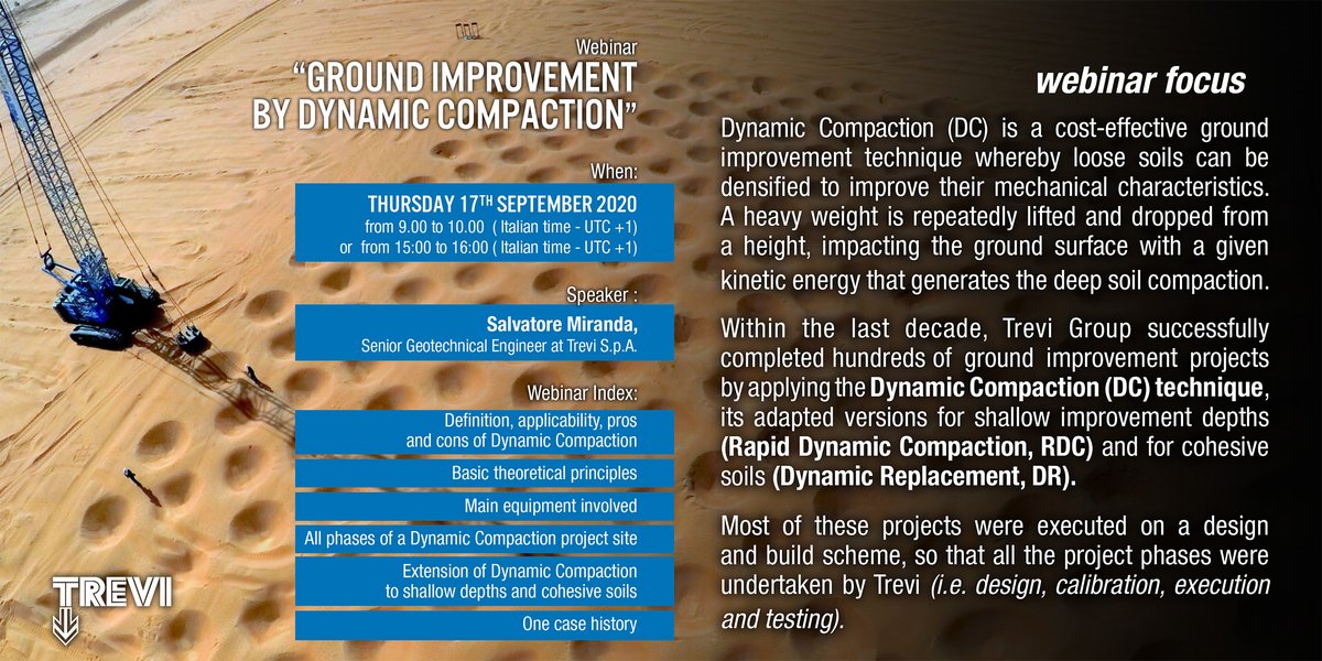 GruppoTrevi's tweet photo. Are you interested in deepening the Dynamic Compaction technology topic?
Join "Ground improvement by Dynamic Compaction" webinar by #TreviSpa!
17 September -9:00 CEST- register: https://t.co/PHGD0M0Jp9
or
17 September - 15:00 CEST- register: https://t.co/7LvpLoXSg9 https://t.co/OdDX3rV0Gf