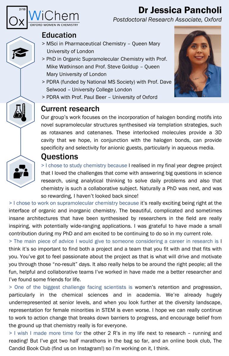 Oxford Women in Chemistry (@oxwichem) on Twitter photo Originally from Leicester <a href="/jess_panch/">Dr Jess Pancholi</a> completed her PhD <a href="/Chemistry_QMUL/">Chemistry_QMUL</a> before moving to <a href="/UCLChemistry/">UCL Chemistry</a>. Now at Oxford, she's working on novel supramolecular structures for host-guest interactions with anions as an <a href="/EPSRC/">Engineering and Physical Sciences Research Council</a> PDRA in the Beer group #OxWiChemProfiles #WomenInSTEM Originally from Leicester <a href="/jess_panch/">Dr Jess Pancholi</a> completed her PhD <a href="/Chemistry_QMUL/">Chemistry_QMUL</a> before moving to <a href="/UCLChemistry/">UCL Chemistry</a>. Now at Oxford, she's working on novel supramolecular structures for host-guest interactions with anions as an <a href="/EPSRC/">Engineering and Physical Sciences Research Council</a> PDRA in the Beer group #OxWiChemProfiles #WomenInSTEM