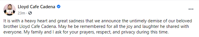 newswatchplusph's tweet photo. Vlogger Lloyd Cadena has passed away, his official Facebook page confirms. https://t.co/sDo55hwVGt https://t.co/8m283x5gSH