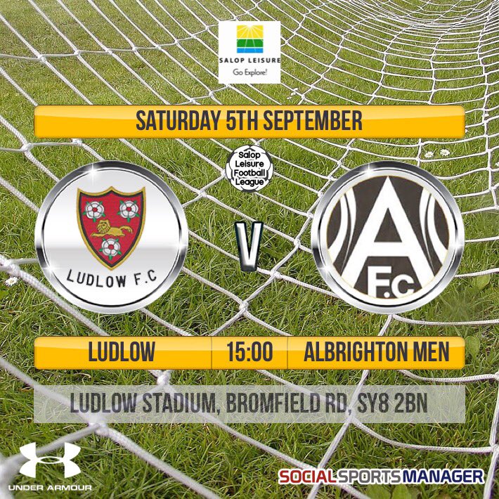 Ludlow Town FC (@ludlowfc) on Twitter photo ๐จ NEXT GAME:
First game in the brand new <a href="/SalopLeisure/">Salop Leisure</a> League this weekend as we welcome Albrighton down to Ludlow.
๐ Sat 5th Sept
โฐ 3pm KO
๐ <a href="/Albrighton_FC/">Albrighton FC</a> (H)
๐ SLFL
๐ Bromfield Rd, SY8 2BN
๐ ยฃ2 Adults | ยฃ0 U16 **
๐บ๐ Bar OPEN / Food available!
#LudlowFC ๐ดโซ๏ธ ๐จ NEXT GAME:
First game in the brand new <a href="/SalopLeisure/">Salop Leisure</a> League this weekend as we welcome Albrighton down to Ludlow.
๐ Sat 5th Sept
โฐ 3pm KO
๐ <a href="/Albrighton_FC/">Albrighton FC</a> (H)
๐ SLFL
๐ Bromfield Rd, SY8 2BN
๐ ยฃ2 Adults | ยฃ0 U16 **
๐บ๐ Bar OPEN / Food available!
#LudlowFC ๐ดโซ๏ธ