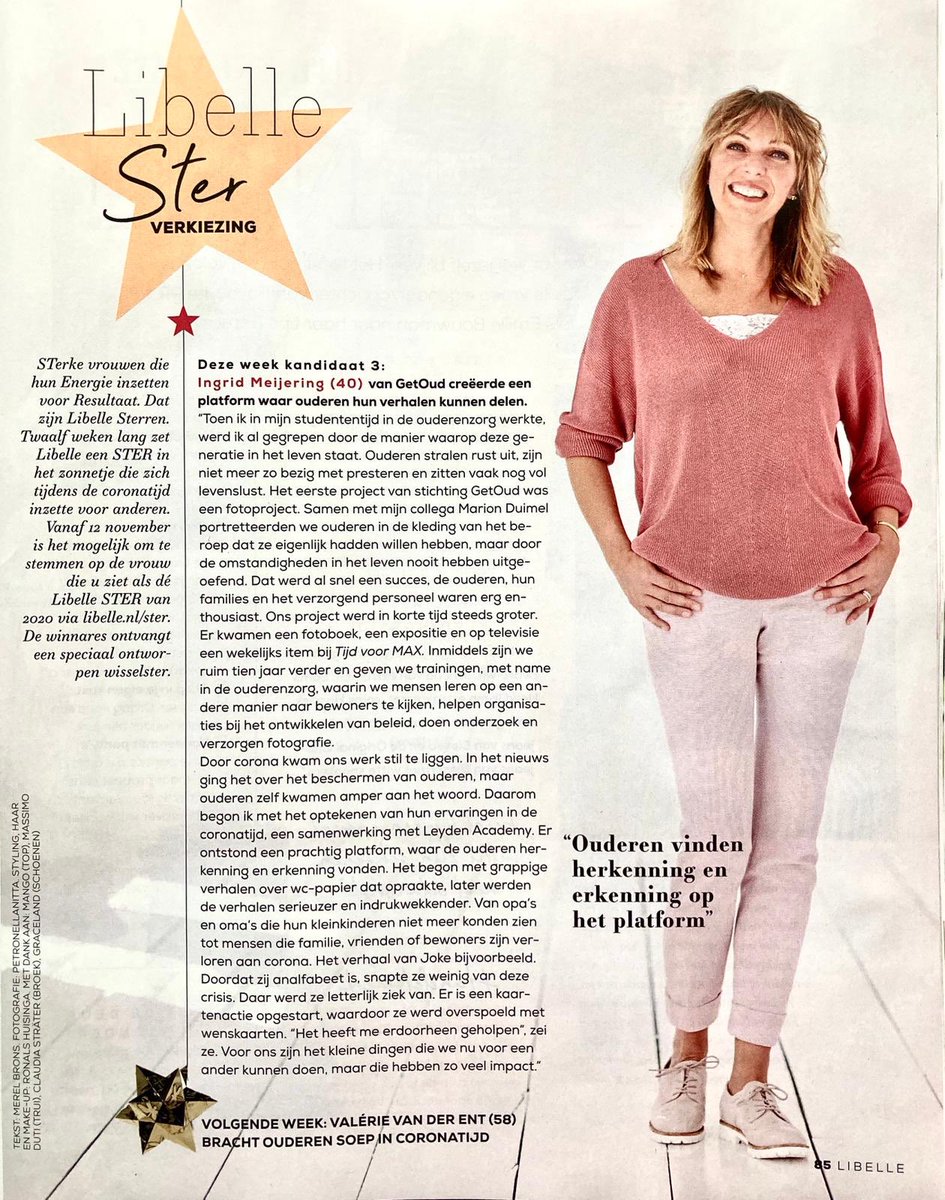 kosteraad's tweet photo. Wel eens van @Getoud gehoord? Daar worden mooie reportages in woord en beeld over ouderen, ouder worden en ouder zijn gemaakt. Zie websites van Getoud en van wijencorona. Super dat Ingrid Meyering nu genomineerd is voor de @libelle STER ! https://t.co/YBalYn7TAI