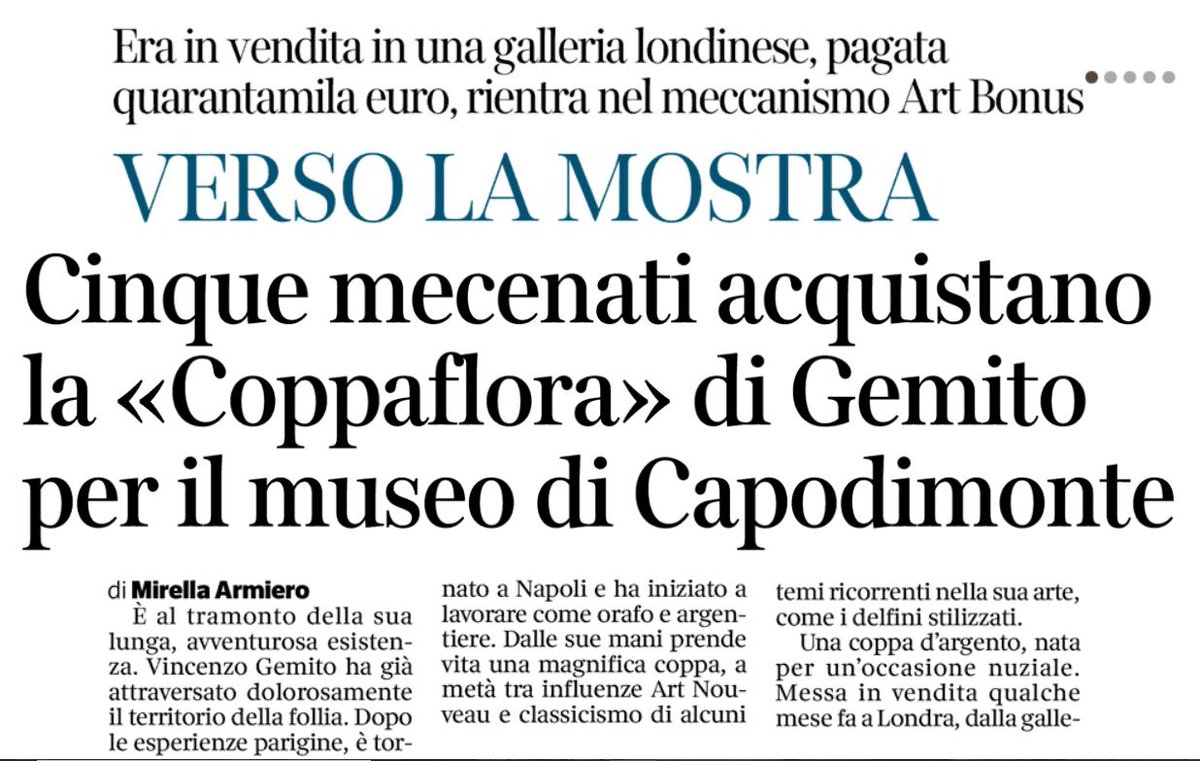 Capodimonte_mus's tweet photo. VERSO LA #MOSTRA In vendita in una galleria londinese, quarantamila euro, con @Art_Bonus 5 mecenati acquistano la #Coppaflora di #Gemito per il @Capodimonte_mus @MirellaArmiero @corrmezzogiorno 
Epm, G&amp;G @GradedSpa @Gruppo_Tecno @Protom_ 
Dal 15 settembre https://t.co/SUhI0Uo356 https://t.co/yhy39otkBC