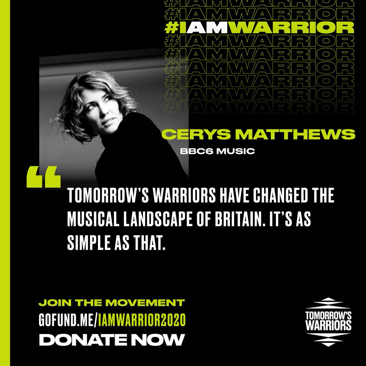 Tom_Warriors's tweet photo. Thanks so much to @cerysmatthews  for the support she's given our #IAmWarrior appeal! Please give today and help build an exciting, diverse and inclusive future in jazz for talented young people so they can develop and share their musical gifts.  https://t.co/2i2q4QBgen https://t.co/ntCwbV990o