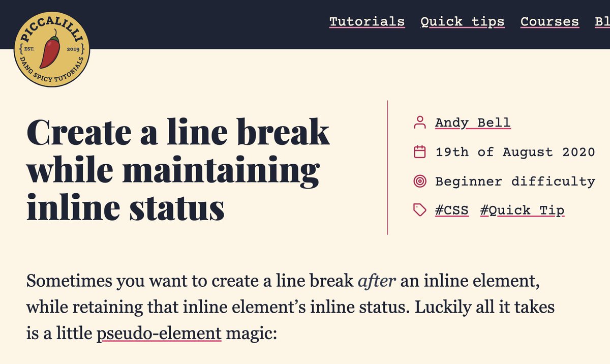 Oh this will come in handy.

Create a line break while maintaining inline status.

.inline-element::after {
  content: '\A';
  white-space: pre;
}

Thanks <a href="/hankchizljaw/">Andy Bell</a>! ❤️

piccalil.li/quick-tip/crea…