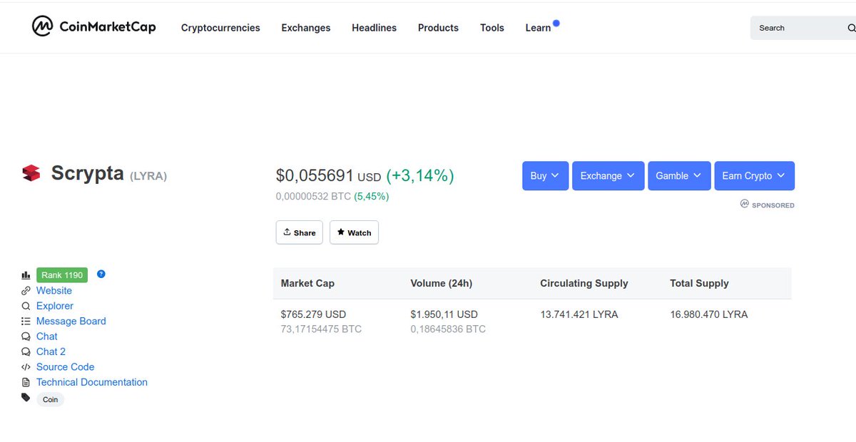 scryptachain's tweet photo. Our project page on @CoinMarketCap has been updated with more relevant #blockchain metrics data.
Now you can easily check data about $LYRA circulating/total supply, and #Scrypta marketcap that is actually $765K.
Watch https://t.co/EGNByiN7g9 and stay tuned for more headlines! https://t.co/BgBLxWsBj8