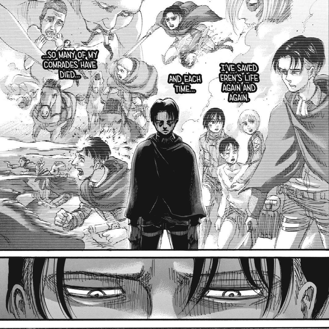 krinkira's tweet photo. now that hange is gone, levi literally lost almost everything he loved #aot132spoilers https://t.co/51jeQA2deb