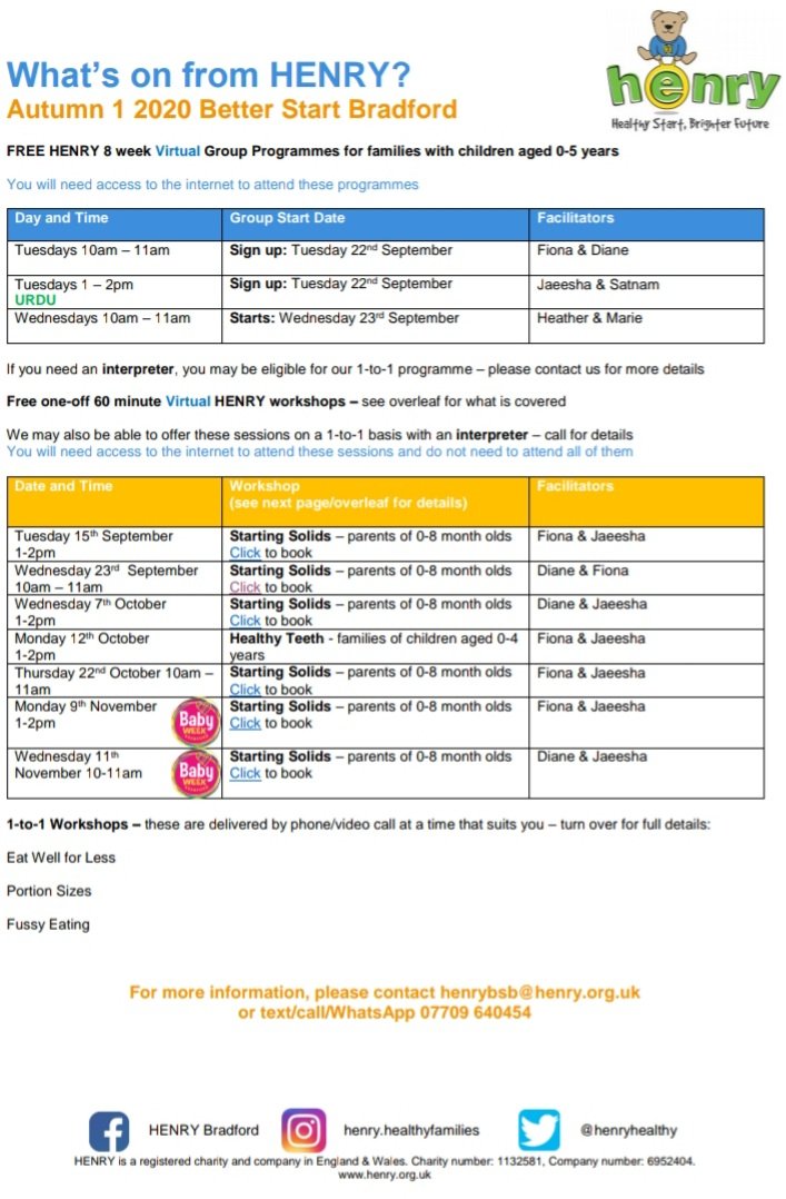 NicolaCharnwork's tweet photo. Have you seen our Autumn timetable? 

Check out https://t.co/tw6DuZNPeS for more info, send us an email at henrybsb@henry.org.uk or text/call 07709640454 @HENRYhealthy
@BetterStartBfd #Bradford #under5 https://t.co/ht1o4U0FBm