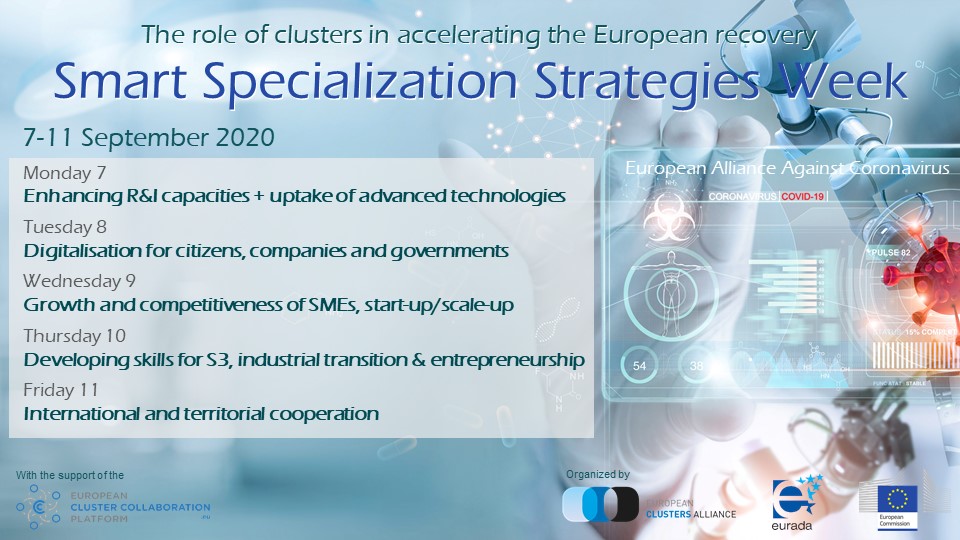 AlliedClusters's tweet photo. The #regional dimension is important for the 🇪🇺economic recovery. We dedicate a week to #smartspecialisation strategies and good practices of how #EU institutions, #regional authorities, and #clusters can successfully collaborate.
Join at 8:30 CEST! https://t.co/TjO1NPIxrz https://t.co/JItdI5h18P