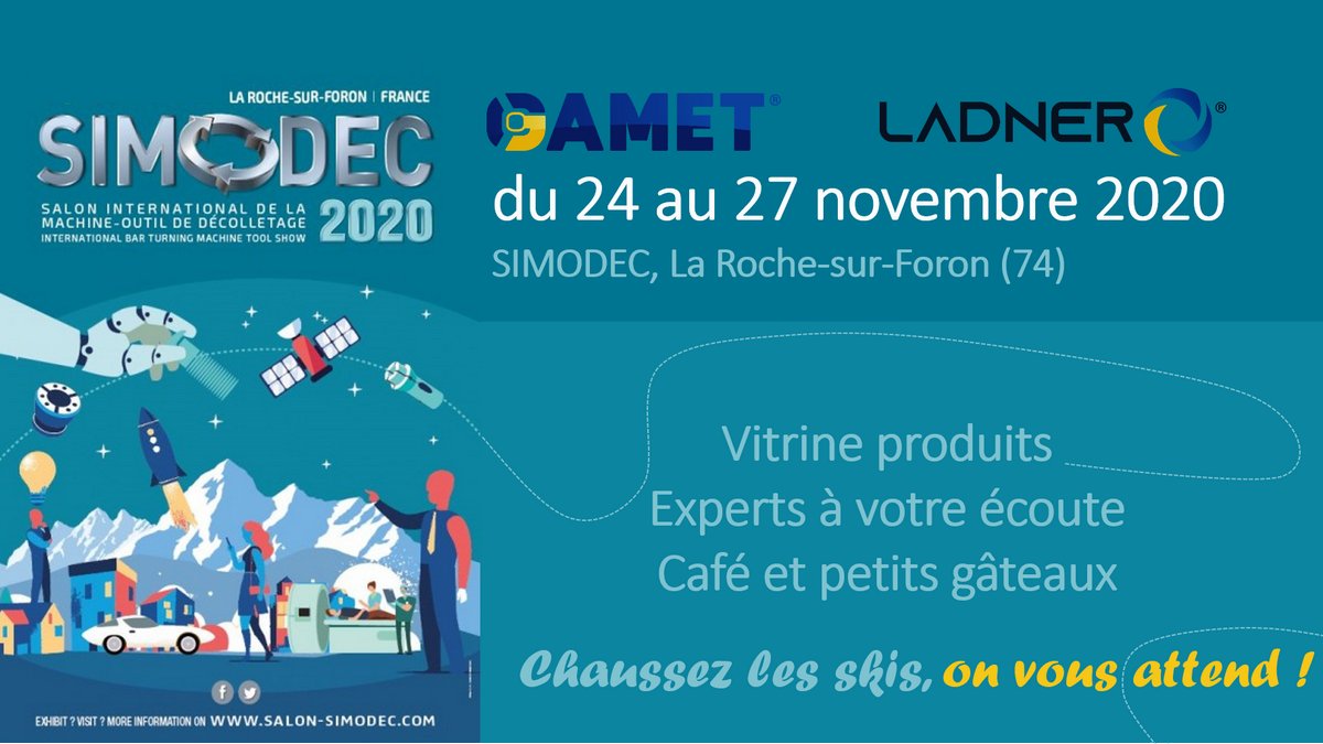 gamet_sa's tweet photo. @gamet_sa et @LadnerSas seront présents sur le salon @SIMODEC74 qui aura lieu du 24 au 27 novembre 2020. Nous serons heureux de vous revoir à @rochexpo pour vous présenter notre gamme d'outils de serrage. #Industrie @LaFrenchFab #LallianceDuSerrageFrancais #FranceRelance https://t.co/Vub1GsQq1Y