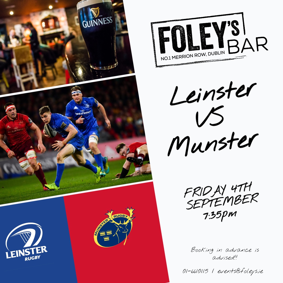 🏉 LEINSTER VS MUNSTER 🏉

Kick off @ 7:35pm

To book a table call us on 01-6610115 or email events@foleys.ie 📞

#foleysdublin #foleysbar #dublin2 #match #rugby #ireland #leinster #munster #matchday #pint #burger #gastropub #restaurant #friday #bookatable