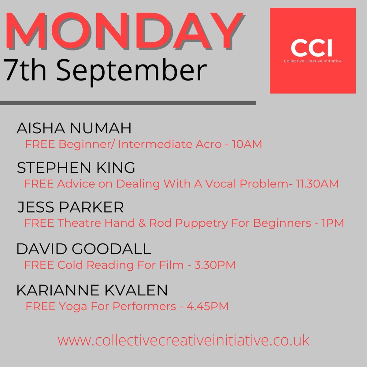 pearsoncasting's tweet photo. TOMORROW’S LINEUP!

10AM - @aishanumah #acro 
11.30AM - @skingvocal #vocals 
1PM - @JessicaParkerUK #puppetry 
3.30PM - #DavidGoodall #film 
4.45PM - #KarianneKvalen #yoga 
#CCI2020 

Full details - https://t.co/Z1KG3PO9hG ❤️ https://t.co/hTmD5XAhr8