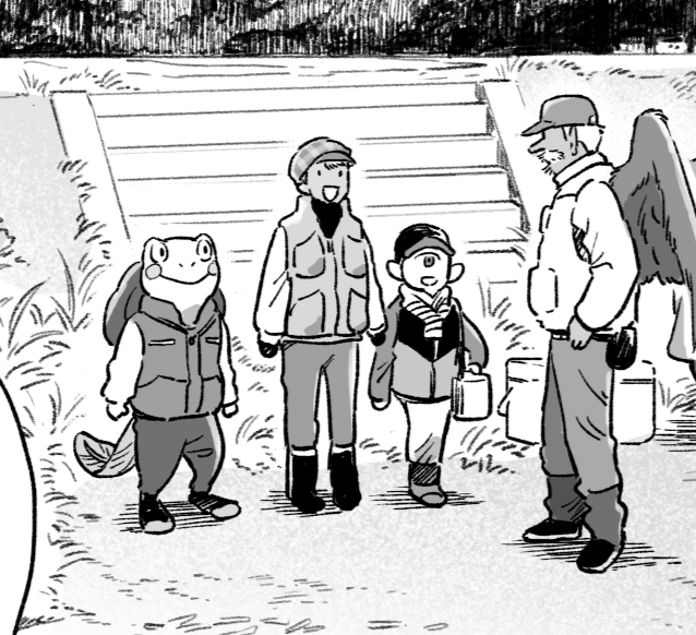 19話、たくさんのコメントをくださりありがとうございます…!冒頭でチラッと出てきた釣りを学ぶ子たちですが、左から大ガマの子、妖怪にルーツをもつ人の子、一本だたらの子です。みんな、すずきちさんの知り合いや友達の子どもたちです。 
