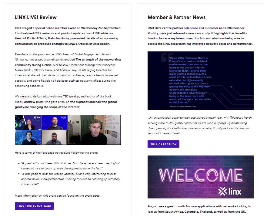 LINX_Network's tweet photo. The #LINX monthly newsletter has landed! Featuring lots of great articles incl the latest #LINXWales news, our virtual events series, #LINXLIVE overview, #virtualEPF registration and more! Check it out here; https://t.co/mcMCqtUj6L
#peering #telco #news #networks #engineering https://t.co/KnnK8IP1MJ