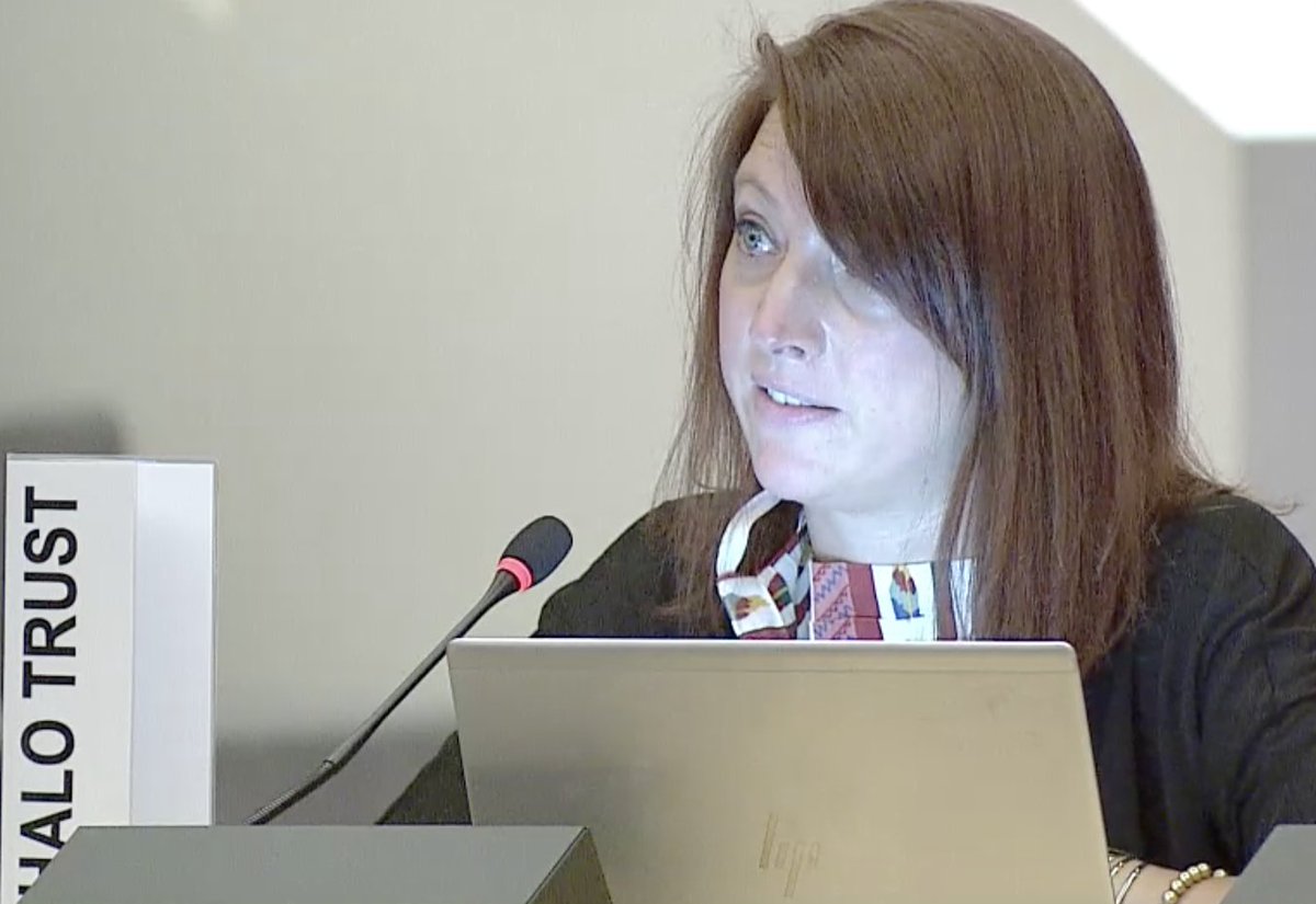 banclusterbombs's tweet photo. A familiar face presents @TheHALOTrust input on #Gender &amp; #Diversity, #Environmental concerns, synergies with other instruments, inclusion of #Survivors etc. @ #CCM2Prep #ClusterBanVoices #StopClusterBombsNow https://t.co/iiK3MHX8H4
