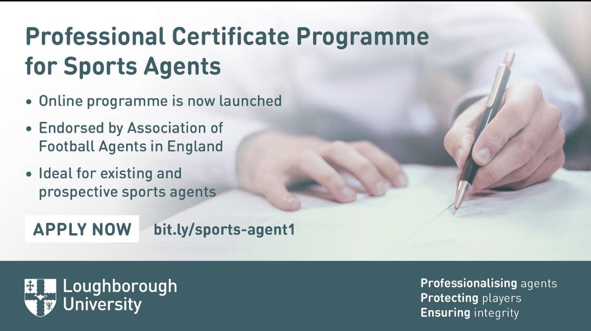 Our sports agents programme is now available fully ONLINE! Next cohort starts on 21 September 2020. 

🌐 Hosted via bespoke e-learning platform

🖥💻📱Combining e-learning activities &amp; live online classes with our experts

✅ CPD Certified

Apply here 👉 lboro.ac.uk/departments/ss…