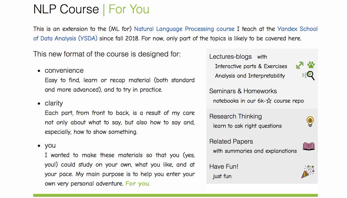 NLP Course | For You - interactive lectures-blogs, research thinking exercises and related papers with summaries. And fun!

These are not just course materials - this is something developed specially for you (yes, you!) out there.
lena-voita.github.io/nlp_course.html

#NLProc #NLPCourseForYou