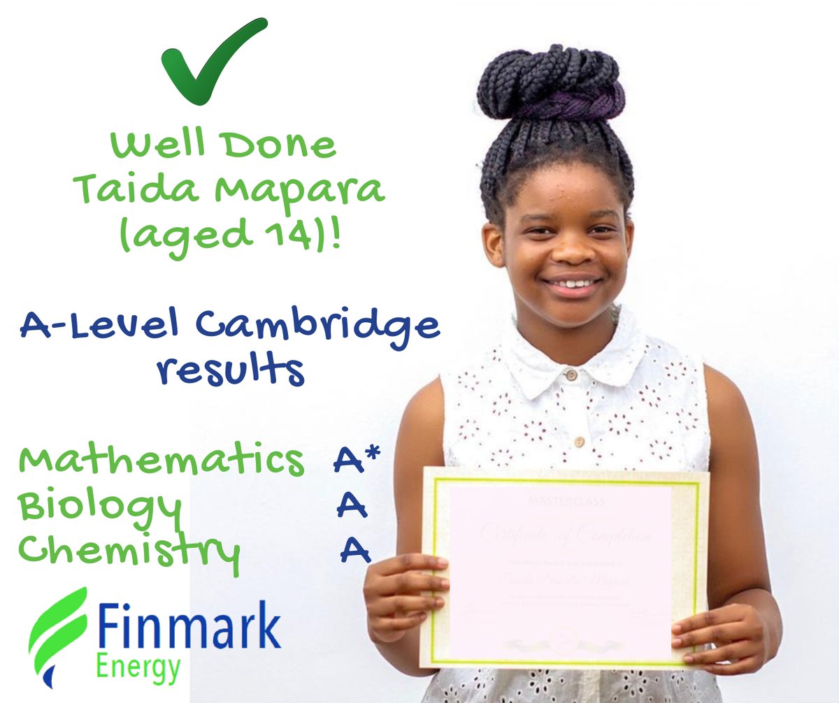 EnergyFinmark's tweet photo. Congratulations young #whizkid Taida Mapara for attaining 15 points at A-Level Cambridge, at the young of 14 years! As @EnergyFinmark we are so proud of you, and will be with you on your academic journey. https://t.co/ONSNZFI4d8
