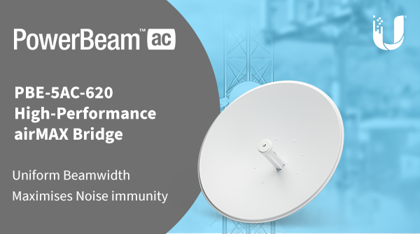 4Gon's tweet photo. Need a 5GHz wireless linking device for Point-to-Point or Point-to-MultiPoint bridging in interference prone locations? Check out the @ubnt #PowerBeam PBE-5AC-620 ➡️https://t.co/FZXtJfmYJg https://t.co/OLGzmeRm6R