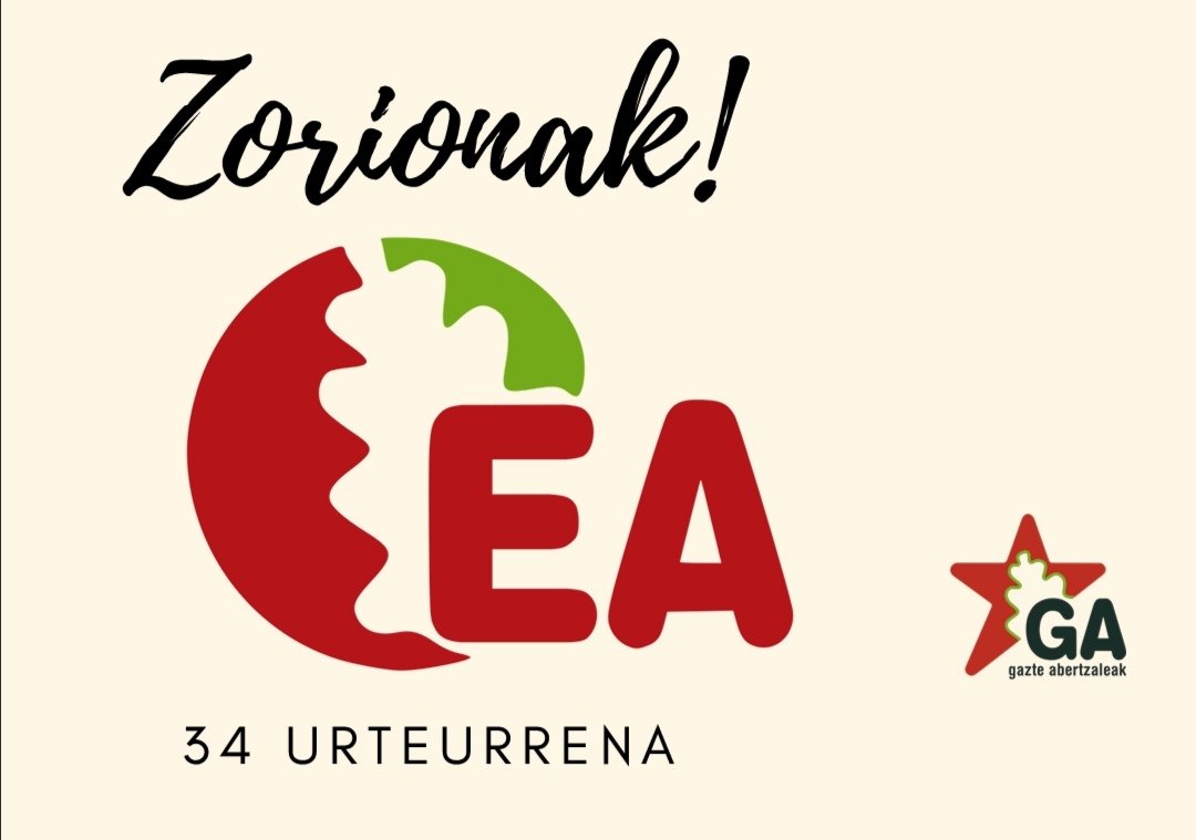 gazte's tweet photo. 34 urte Euskal politikan garai berriak ireki zirenetik. Eskerrak eman besterik ez dugu gure aurretik borroka honetan egon direnei, eta argi utzi ez dela alferrikakoa izan. Zorionak @ealkartasuna!
#EA34 https://t.co/roXIFTpAsi